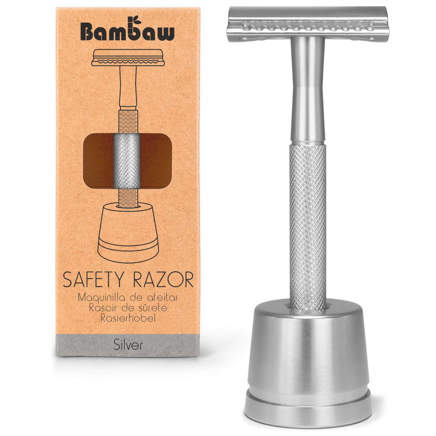 Bambaw Metal Safety Razor with Base - Silver